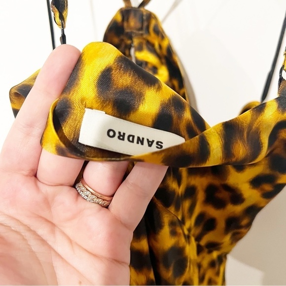 NWT SANDRO Kalinda Leopard Animal Print Slit Cut Out Tie Neck Satiny Dress 38 - Picture 12 of 15